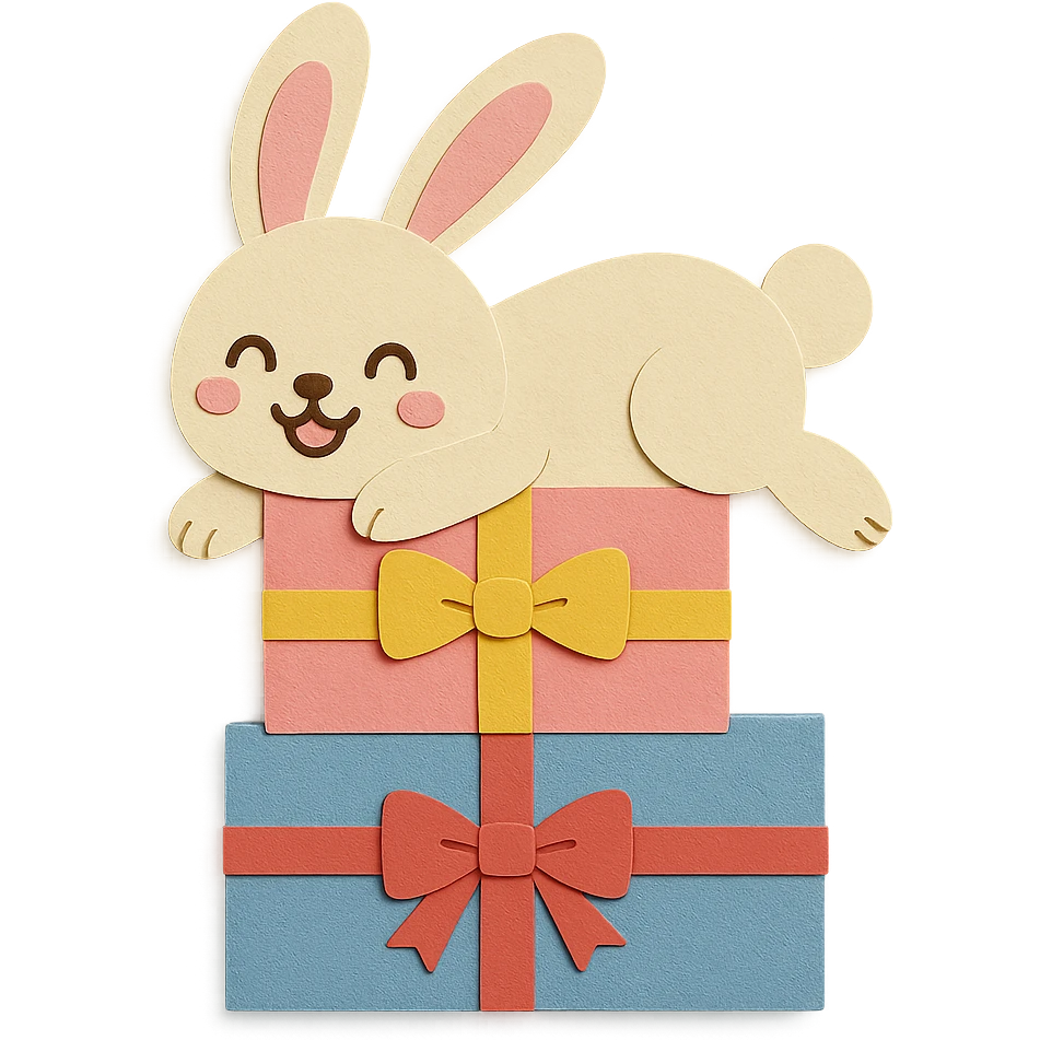 Add a ribbon to the blue gift box and change the bunny's face to a happy expression. Keep all other design elements unchanged, paper-craft style emoji