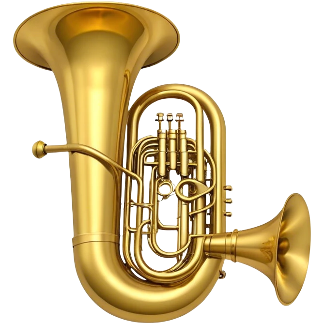 Create a large and bold emoji representing a tuba. The design should feature the tuba’s iconic, large, curved brass body, with its wide bell and tubing wrapping around. Highlight the visible valves and their metal buttons, showcasing the characteristic structure of the instrument. The brass finish should be shiny, with golden tones and subtle reflective light effects to highlight its polished surface. Add soft musical notes or soundwaves emanating from the bell to evoke the deep, resonant sound of the tuba. The background should be transparent. emoji