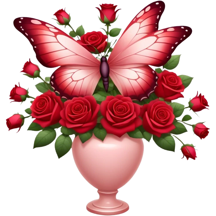 Ethereal butterfly with Crimson and Burgundy wings resting on a Scarlet bouquet of Roses in a Soft Blush color vase, surrounded by a dreamy red-hued ambiance. emoji