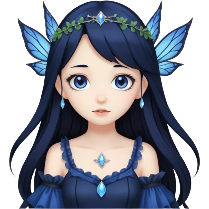 Gothic anime fairy with long beautiful black hair and dark blue dress, pastelcore, emoji