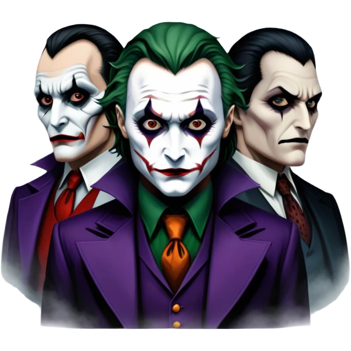Thriller Movie Icon: A dark, intense collage with close-up images of iconic thriller characters like 1 Joker, 1 Hannibal Lecter, and 1 Vlad Dracula. The background features a moody Gotham City skyline, with shadowy figures and fog. Atmospheric, suspenseful tone. Transparent background. emoji