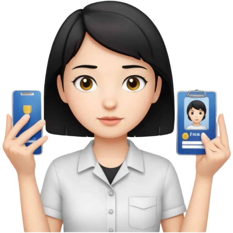 A young guide with short black hair and fair skin is wearing a white shirt, showcasing her license with both hands, which is horizontal. emoji