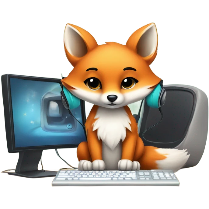 Detailled Baby kawaii fox with headphones on ears and keyboard computer emoji