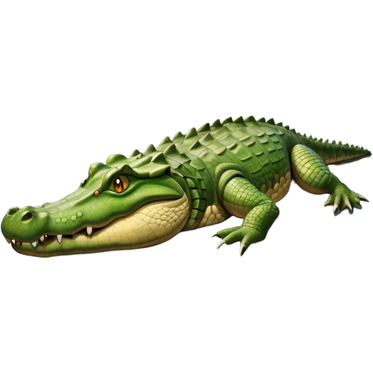 A large crocodile resting on a riverbank, part of its body in water, realistic scales and reflections, natural sunlight. emoji