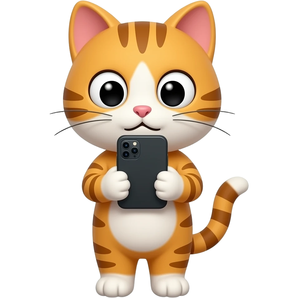 Glossy 3D rendered cat emoji with full body, front-facing, holding a smartphone and looking at the screen with curiosity, slightly rounded edges, soft shading, white background emoji