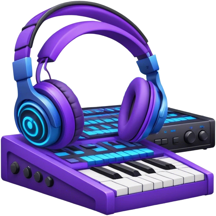 Create a creative and technical emoji that represents sound design. The design should feature a soundwave, a pair of studio headphones, and an audio synthesizer or soundboard to symbolize the manipulation and creation of unique soundscapes. Add subtle elements like audio cables, a mixing console, or a waveform to reflect the technical aspect of sound design. Use vibrant, futuristic colors like neon blue, purple, and green to represent innovation and creativity in sound. The background should be transparent. emoji