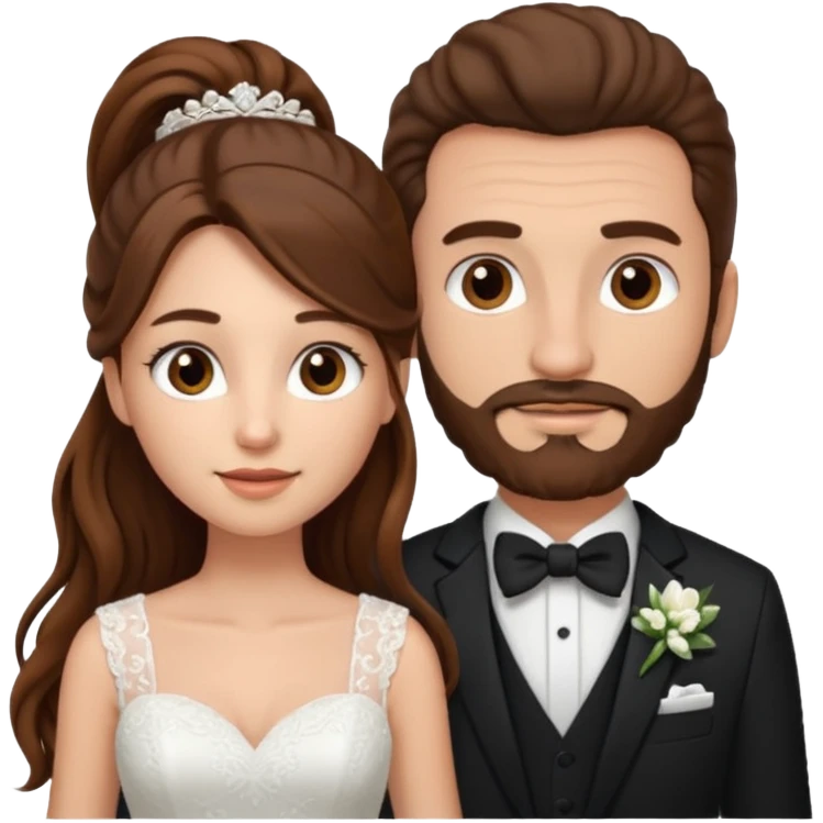 wedding couple woman with long straight brown hair and eyes man with long brown curly hair in pony tail and facial hair emoji