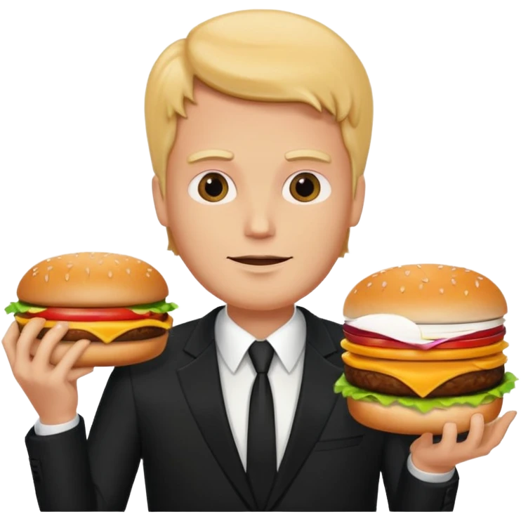 White tall man with a cheese burger as a head in a black suit emoji