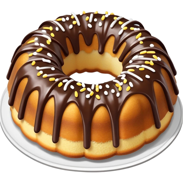 vanilla bundt cake with chocolate frosting and white sprinkles emoji