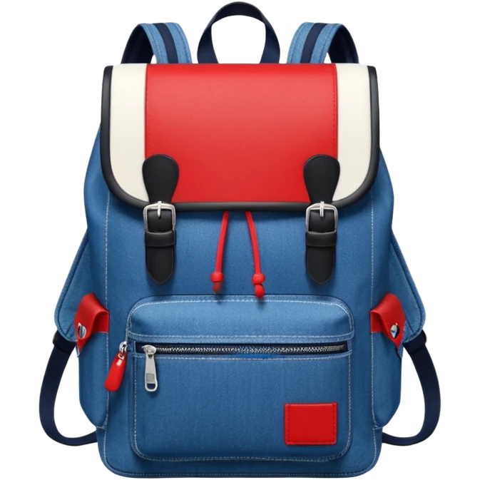 Minimalist emoji-style icon of a stylish blue denim backpack with a flap top, two vertical black buckle straps, a large red-white-navy horizontal block in the center, and two zipper side pockets. Inspired by Tommy Jeans design. Front view, cartoon-like, clean design.

 emoji