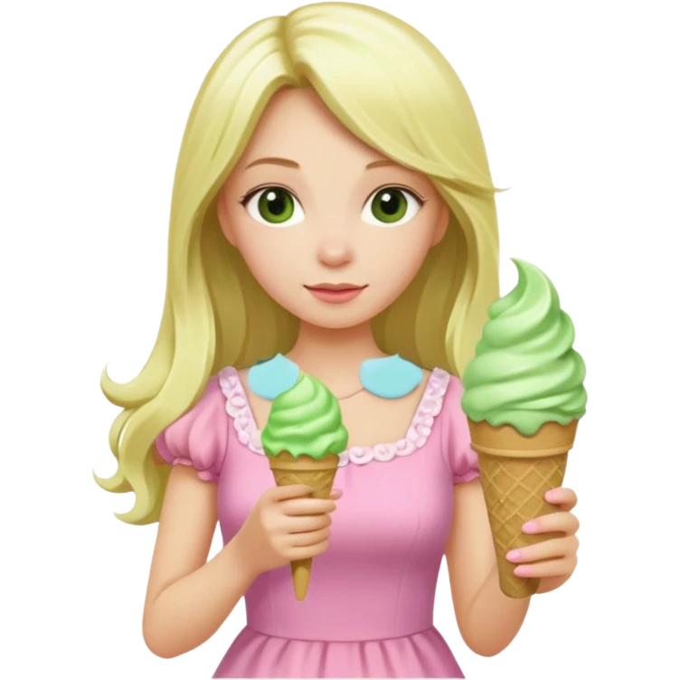 girl blonde long hair in pink dress,  holding matcha ice cream emoji