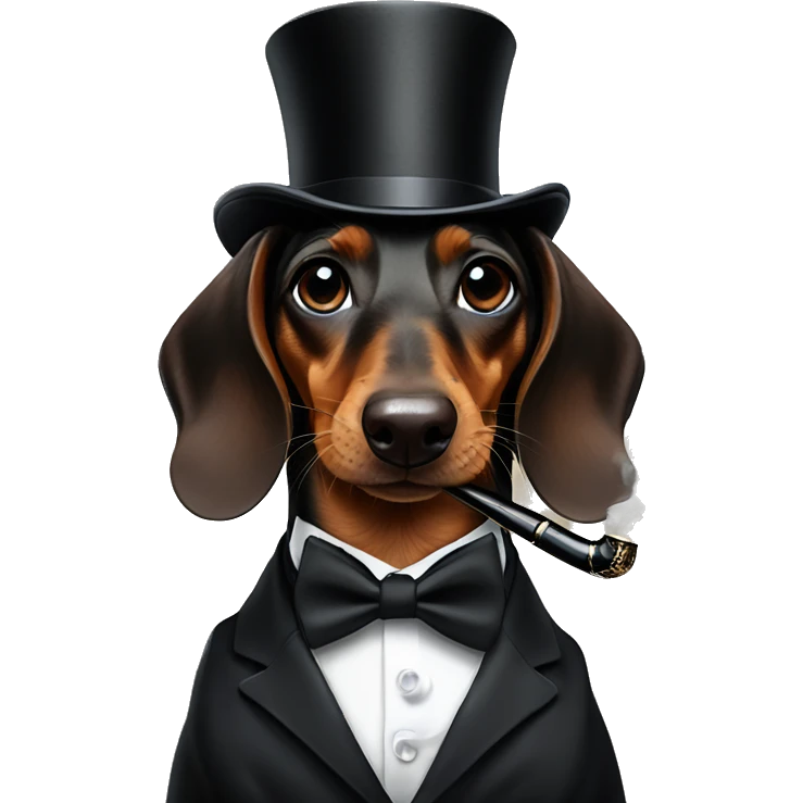 Daschund in a tuxedo smoking a pipe, wearing a monacle and wearing a tophat emoji