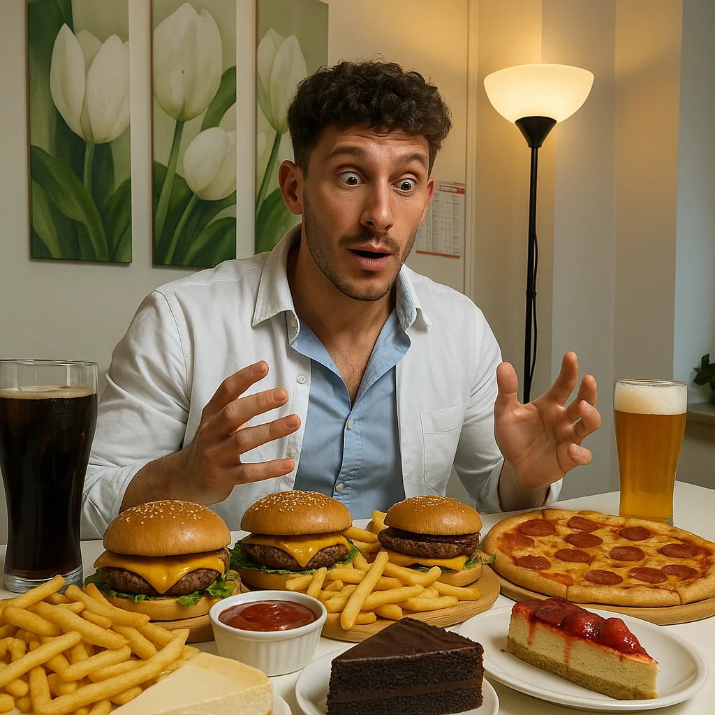 Create a hyperrealistic 4K image of a man having a huge, high-calorie cheat meal inspired by the reference photo. The table is full of hypercaloric food including hamburgers, fries, pizza, desserts, and drinks. The atmosphere is realistic with the man showing a satisfied or surprised expression. The environment should resemble the one in the reference photo. emoji