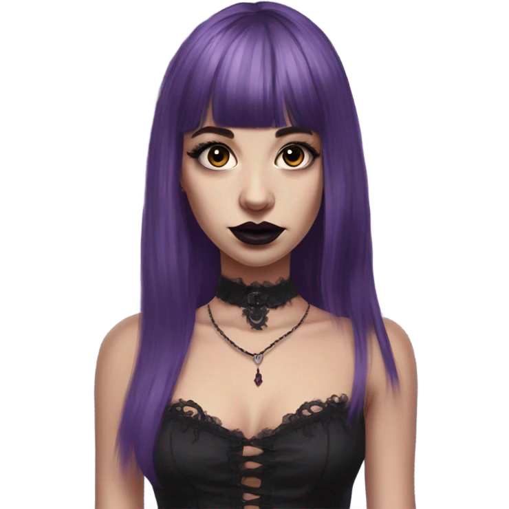 one single alt portrait women, purple hair, kinda long hair, short bangs, dark makeup, dark pink lips, gothic detailed slip dress, white skin  emoji