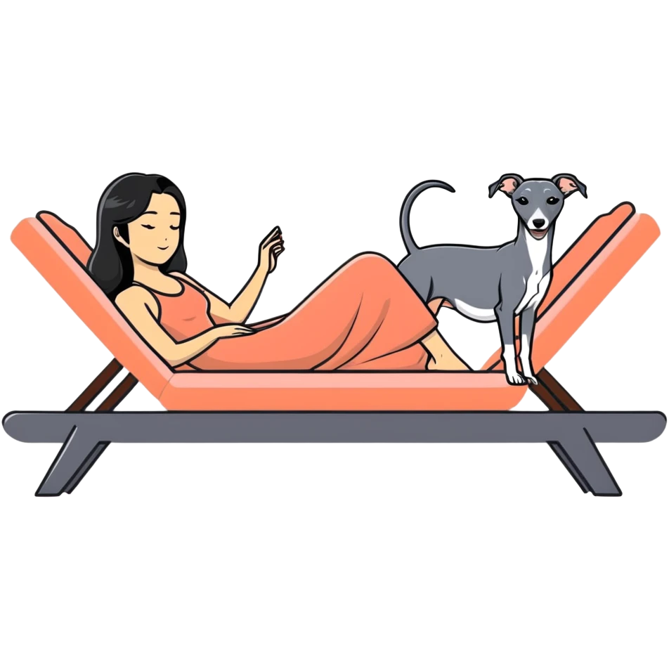 Very thin Chinese woman with long black hair relaxing on a spa lounger with exactly ONE Italian greyhound. CRITICAL REQUIREMENT: the dog must be ONE SOLID DARK CHARCOAL GREY COLOR from nose to tail with NO WHITE or LIGHT AREAS anywhere - NO white face, NO white muzzle, NO white chest, NO white paws, NO white tail tip - NOTHING BUT A SINGLE SHADE OF DARK GREY throughout the entire animal emoji