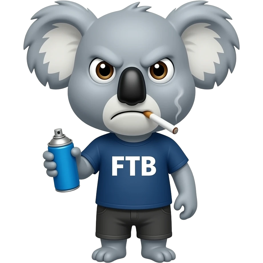 Angry face Koala Wearing FTB t-shirt hold blue spray can and smoke cigarette emoji