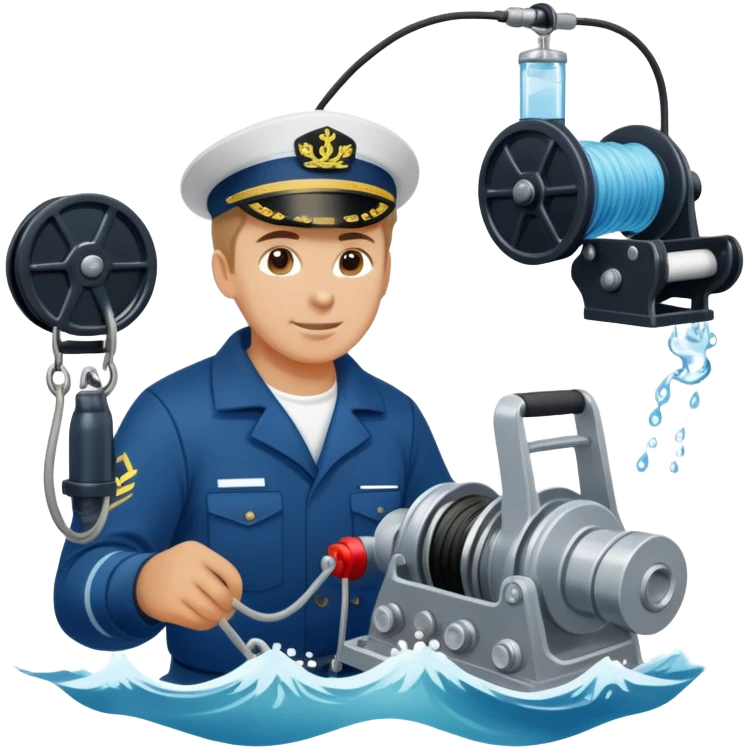 Russian sailor operating a winch with oceanographic equipment, sonar devices, water samples, and ocean waves emoji