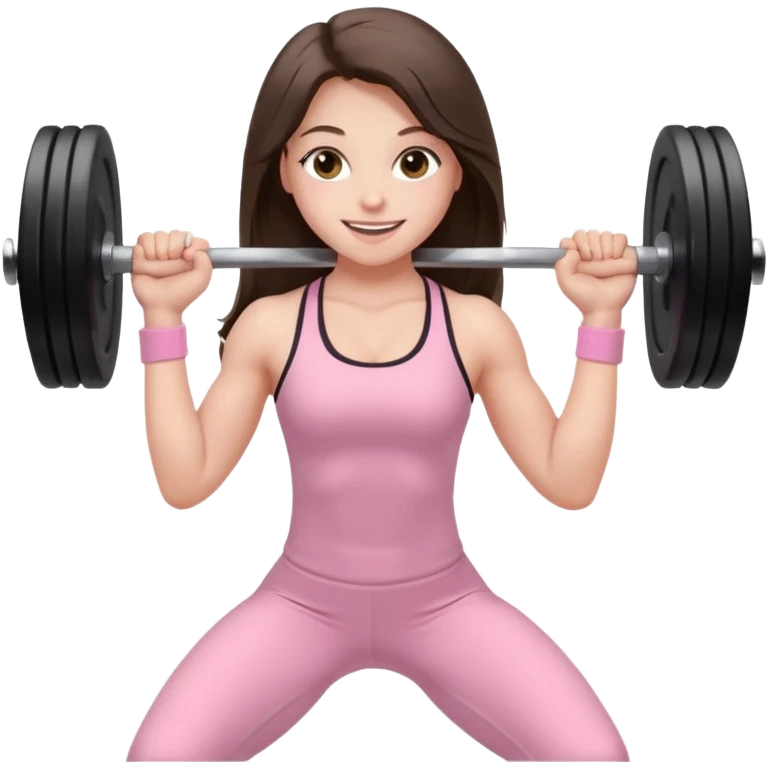 white happy brunette teen long hair with hazel eyes in light pink workout clothes holding a barbell bending over emoji