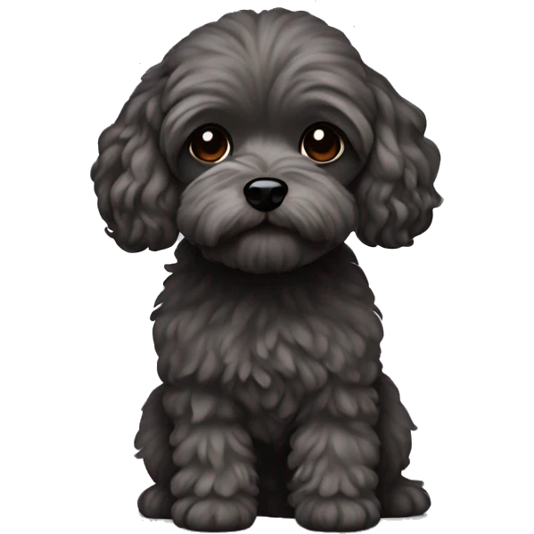 Brunette girl long straight hair, holding a dark gray maltipoo with a white snout emoji