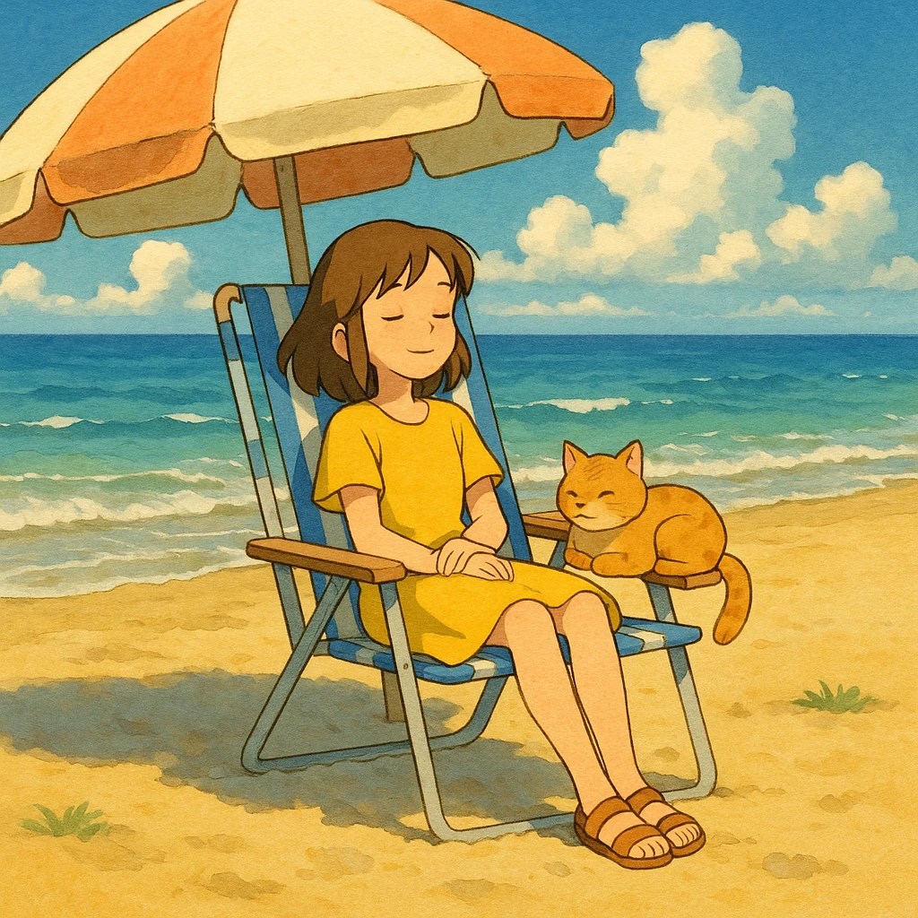 girl and her cat on the beach, sitting in a chair under the sun, ghibli style emoji