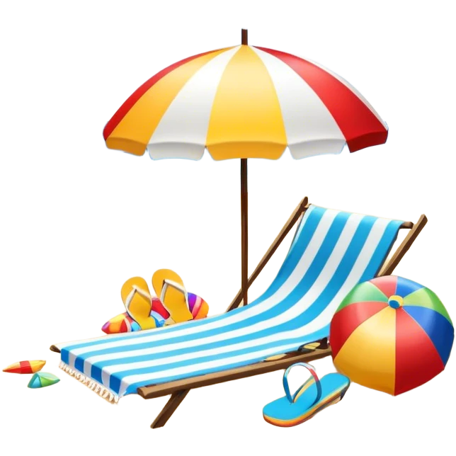 Icon for Beach Tourism: a sandy beach with a beach umbrella, with the ocean landscape in the background, flip-flops, a towel and a beach ball. The icon should capture the relaxation and fun of beach vacations. Transparent background. emoji