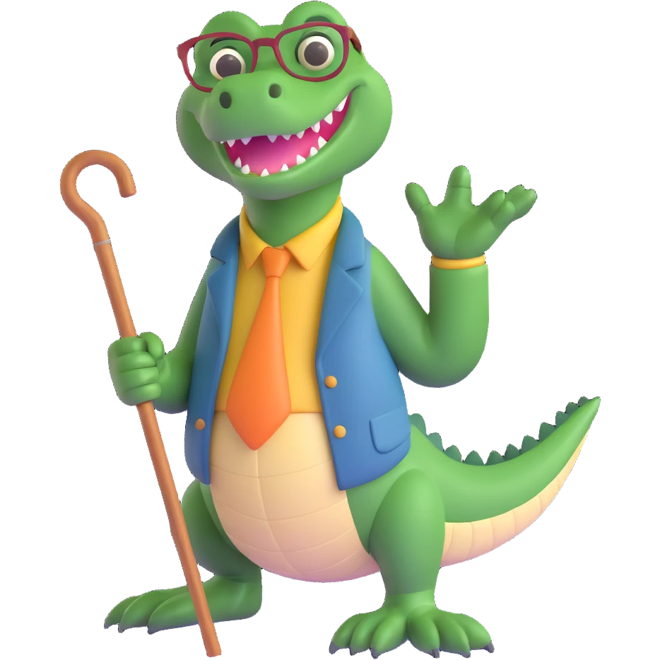 a grandpa alligator, gentle and wise, with glasses and a cane, in a friendly pose emoji