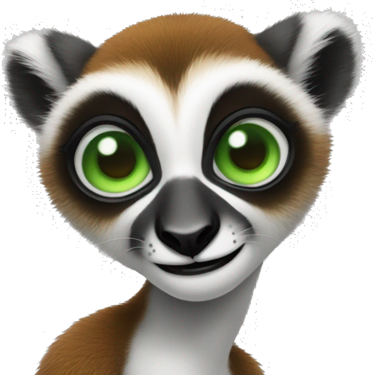 female lemur with giant green eyes with long eyelashes who is a social media manager maybe uses a PC or is on the phone or drinks a coffee emoji