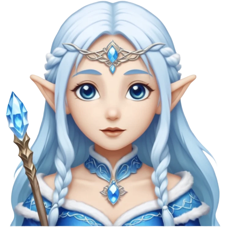 Legendary fantasy Christmas elf portrait icon, Santa Claus and Snow Maiden inspired, ancient winter spirit style, long flowing white-blue hair, glowing frost eyes, crystal staff, elegant elven features, divine winter magic aura, icy silver color palette, highly detailed but clean emoji icon emoji