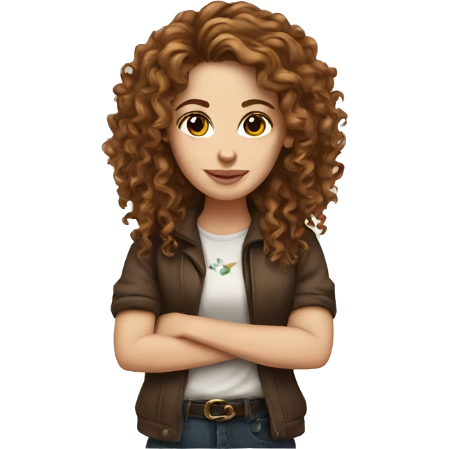 White girl with long brown curly hair tattoos emoji
