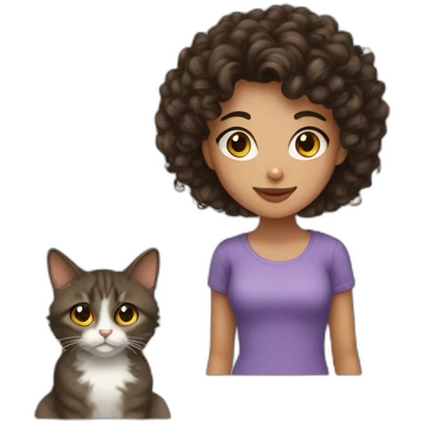 Young brunett woman with curly hair and a cat emoji