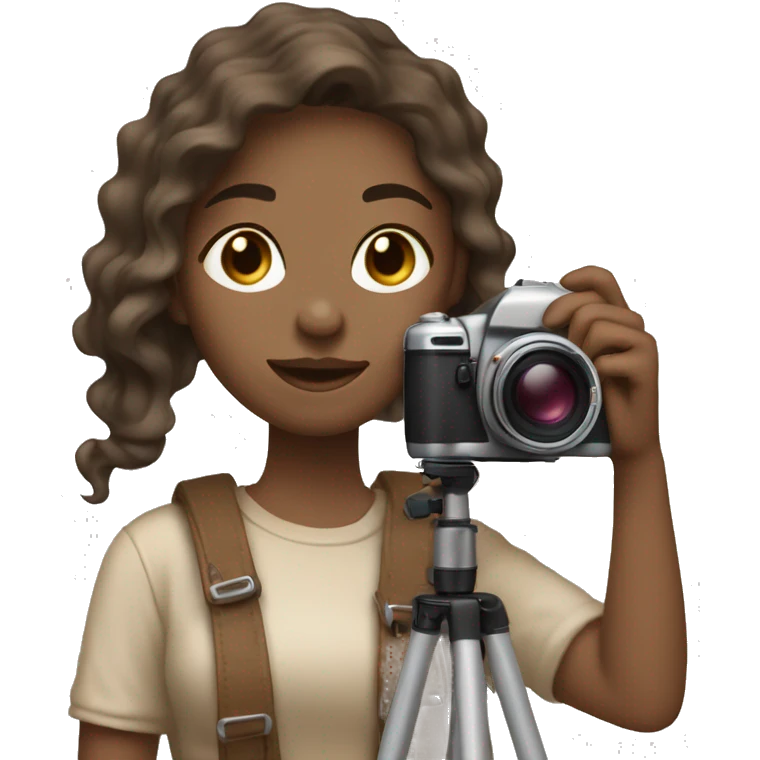 An aesthetic girl photographer holding a camera (in beige, neutral tones) light skin tone, mid hair length with brown waves  emoji