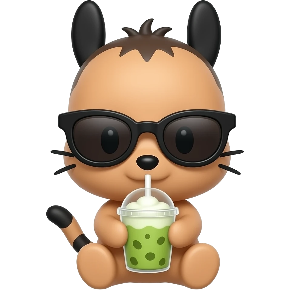 Pochacco(from sanrio) with tanned skin, holding iced matcha latte, wearing cat-eye sunglasses emoji
