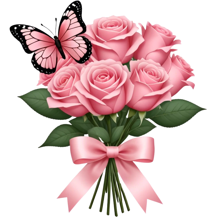 "A bouquet of Blush Red roses tied with a flowing Rose Quartz silk ribbon, exuding soft elegance. A delicate Carnation Pink butterfly rests gently on the petals, adding a whimsical touch." emoji