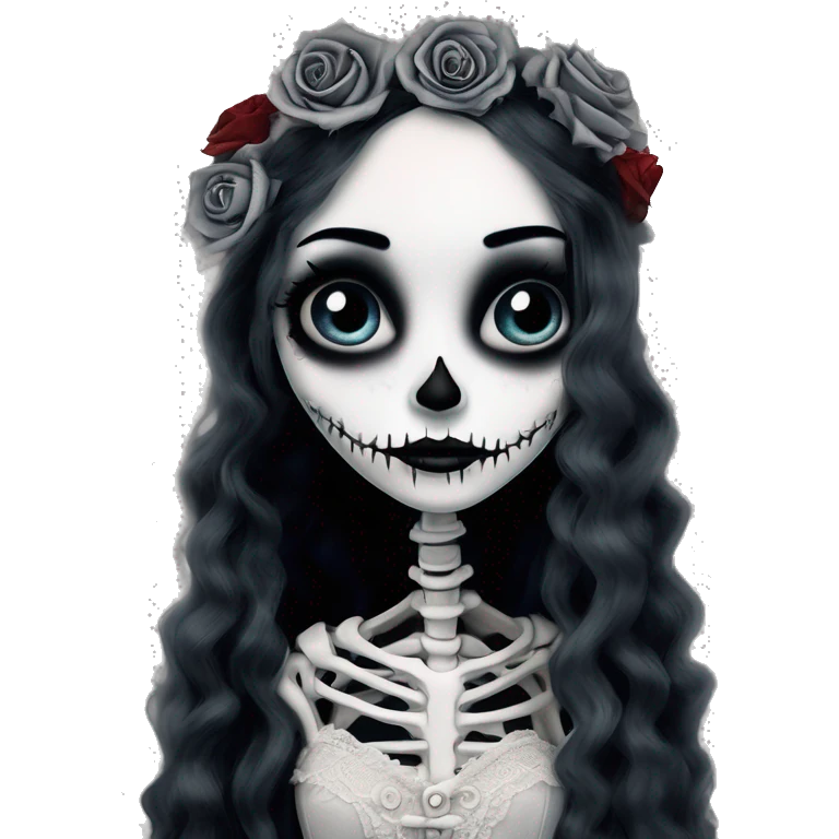 full height skeleton, tim burton "corpse bride", thin porcelain doll with a cracked face, goth makeup watery eyes, long hair, lace and ruffles, lolita style, inked, black and white, red roses emoji