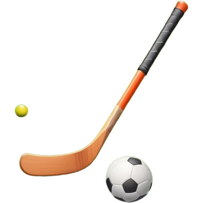 A field hockey stick and ball positioned on a vibrant green grass field, with the goalposts and clear field markings in the background. The scene highlights the lush, well-maintained turf, emphasizing the speed and precision of the sport in an energizing outdoor setting. emoji