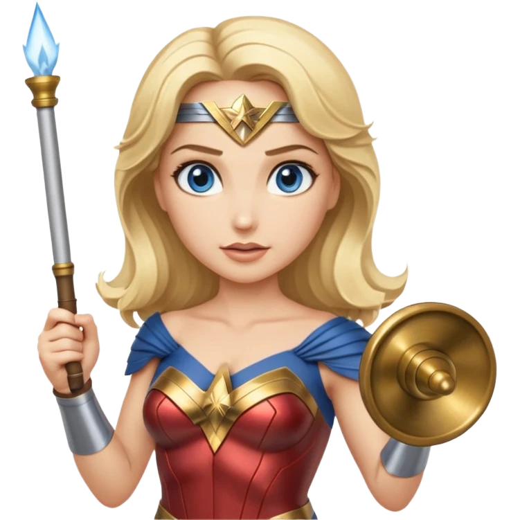 Blonde blue eyes Wonder Woman holding bell and short white conductor baton emoji