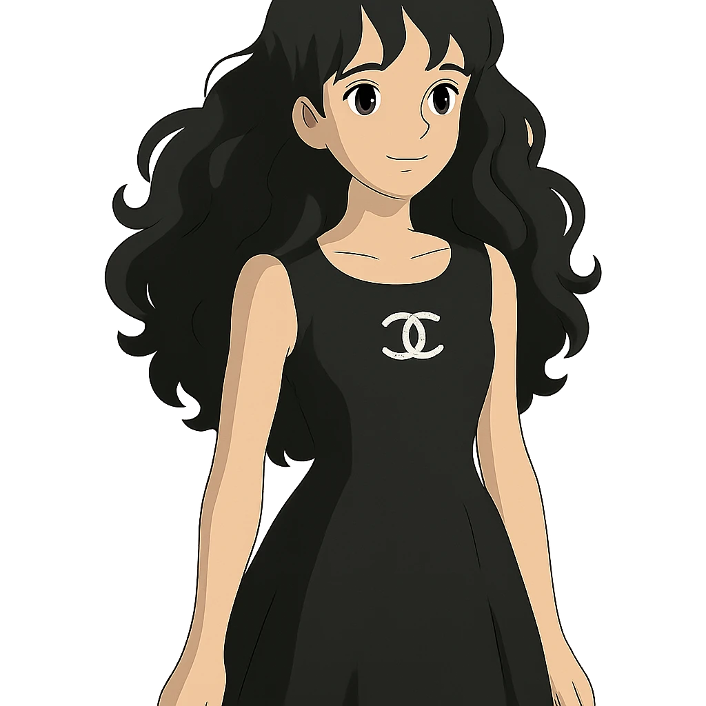 light skin girl with black very long curly hair, brown eyes, wearing a black Chanel dress, in ghibli style emoji