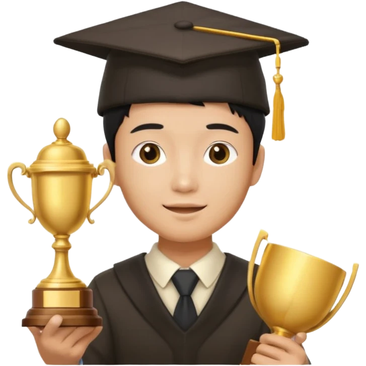 An asian man wearing student hat, holding a trophey emoji