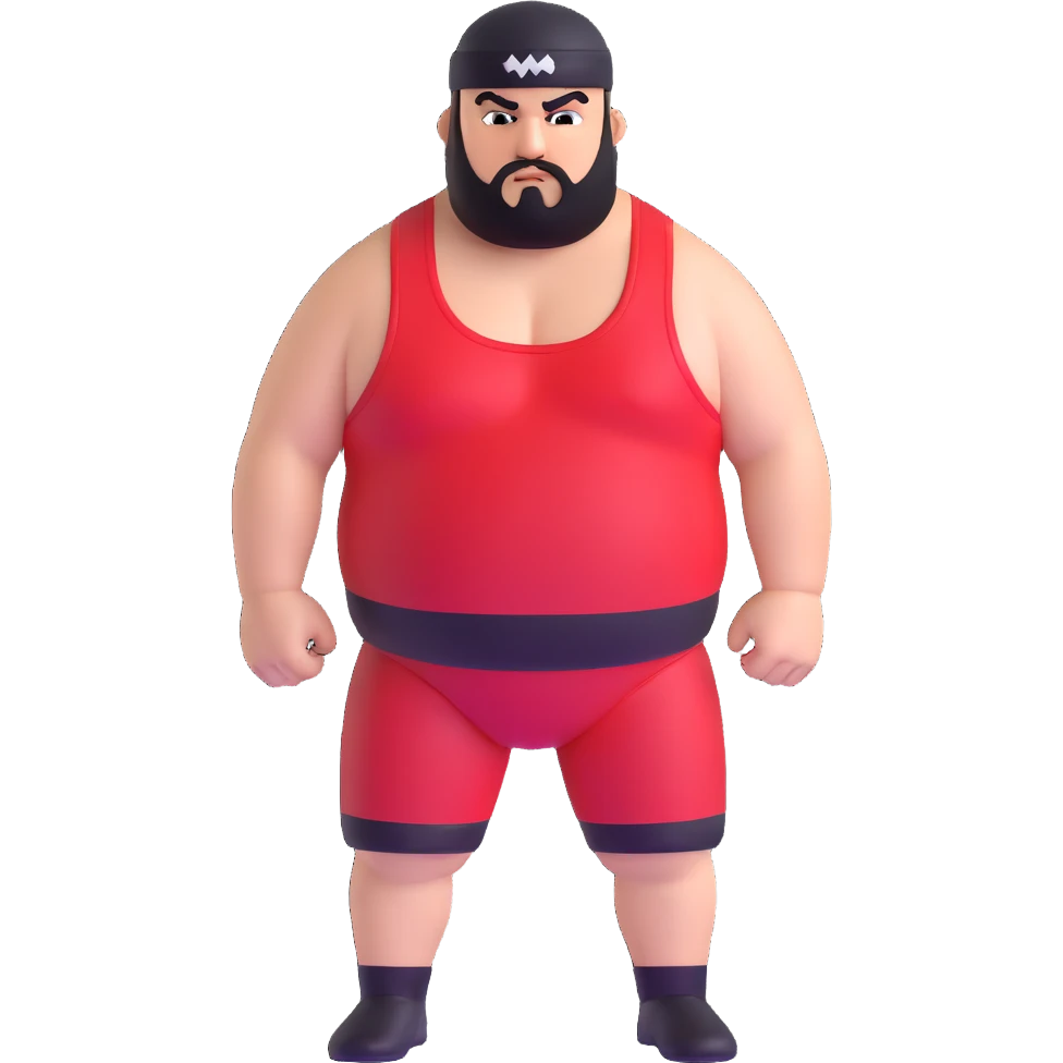 White skin fat guy with prominent black durag, shaved beard stubble, black eyes in a red and black wrestling singlet with angry face emoji