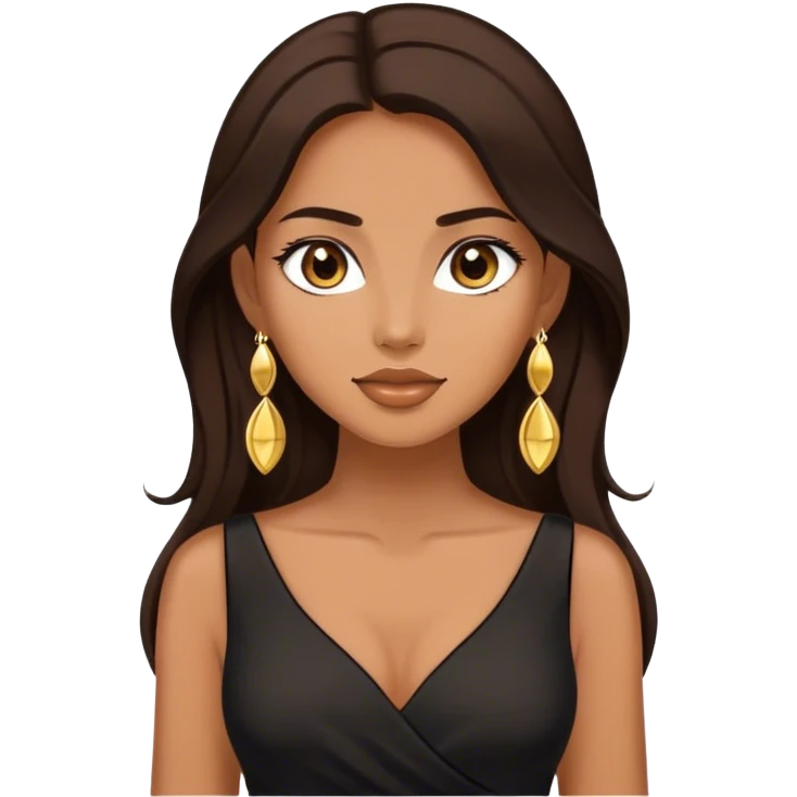 Beautiful woman,cute, long dark brown hair in dark dress with gold earrings emoji