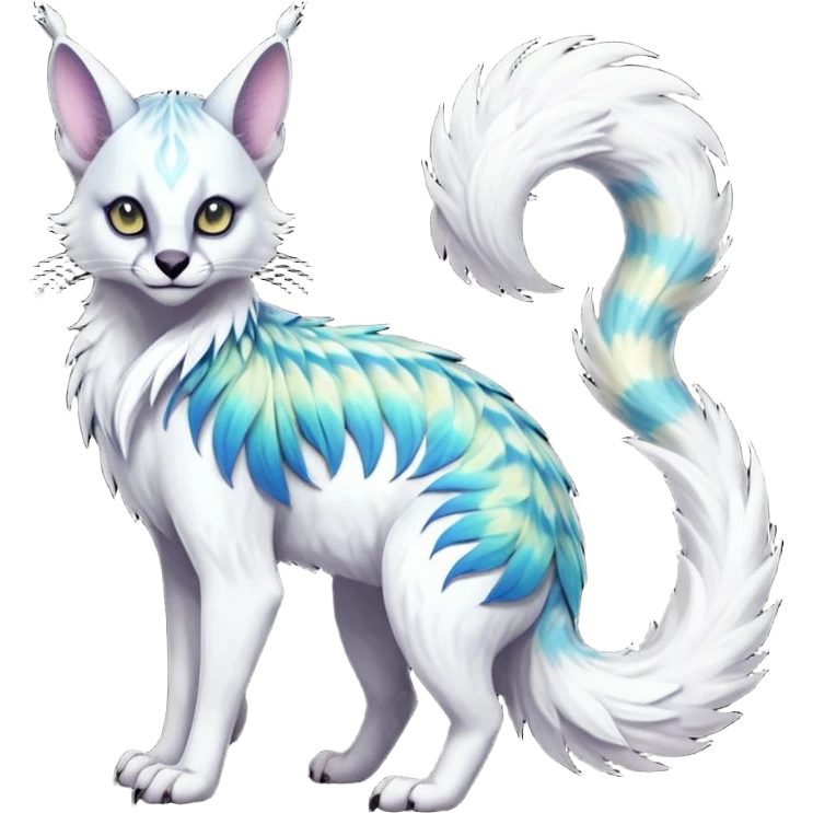 Colorful dark tropical feathery tribal pale light fruity pastel white glorious iridescent divine exotic cute albino neon vibrant spooky evil zigzagged cool beautiful beautiful fantasy-caracal-civet-genet-sergal-vernid-Gryphon-Cacomistle-Trico-oncilla-animal-Fakémon-hybrid-fursona (full body) emoji