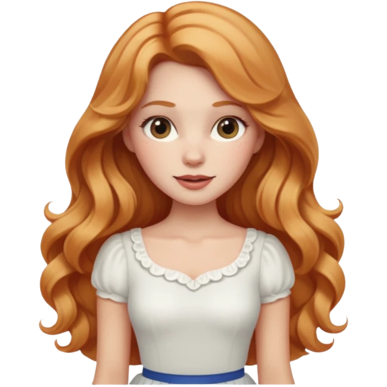 white woman  with strawberry blonde super long wavy hair, white skirt, blushed cheeks emoji