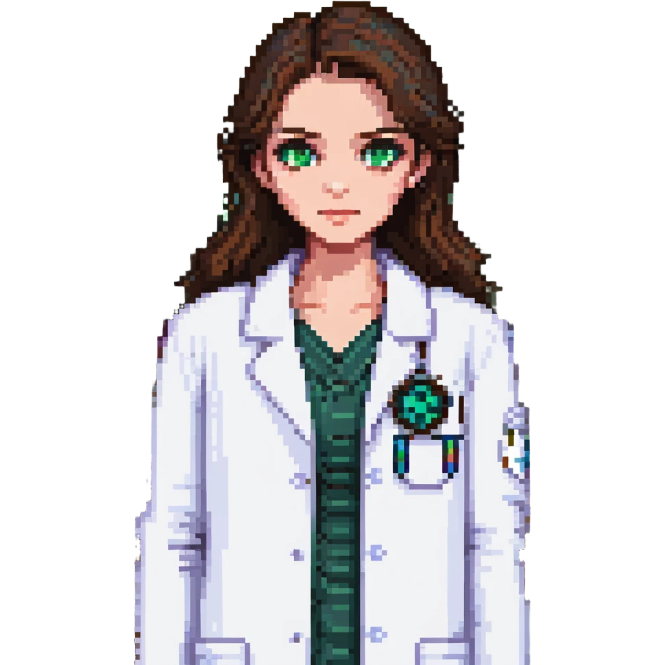 A brunette with dark green eyes in a science lab coat emoji