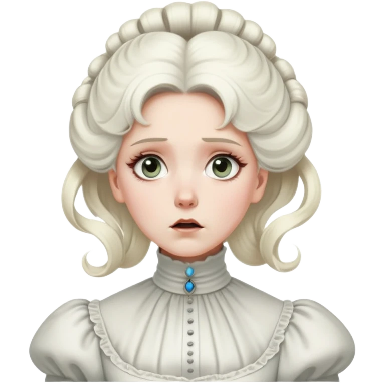 Awestruck Victorian-era white woman with white coiffed hair, light eyes, wearing a simple turtleneck Victorian gown, with a dropped jaw in shock emoji