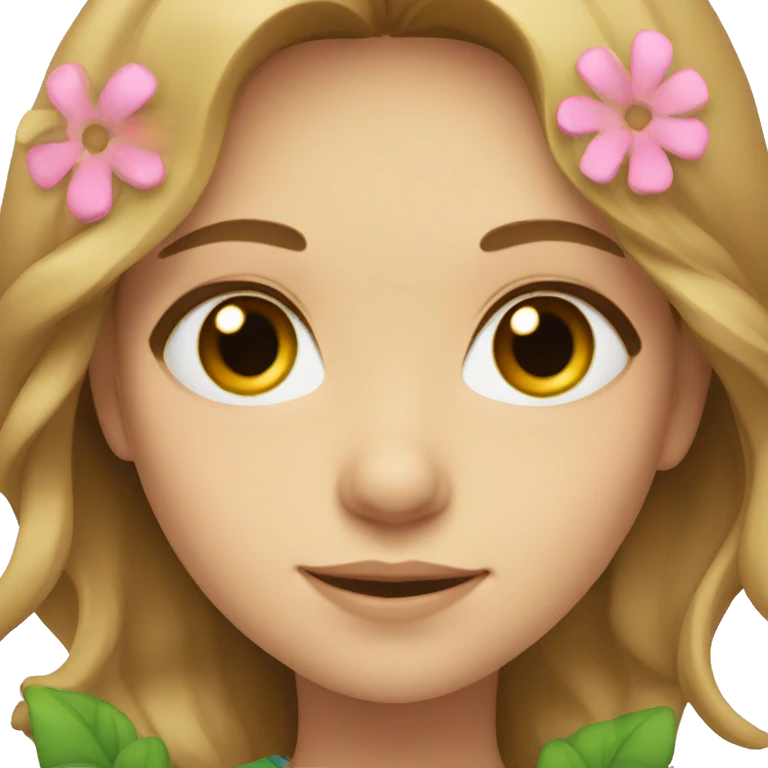 Girl with light brown hair, green eyes, with flowers  emoji