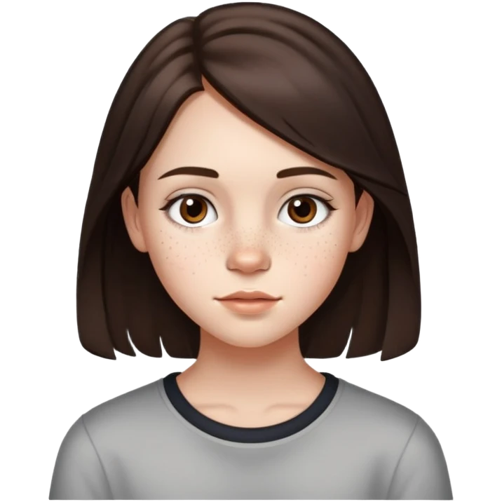 13 year old girl with mid length dark brown hair with minimal highlights, freckles, big forehead and nice lips emoji