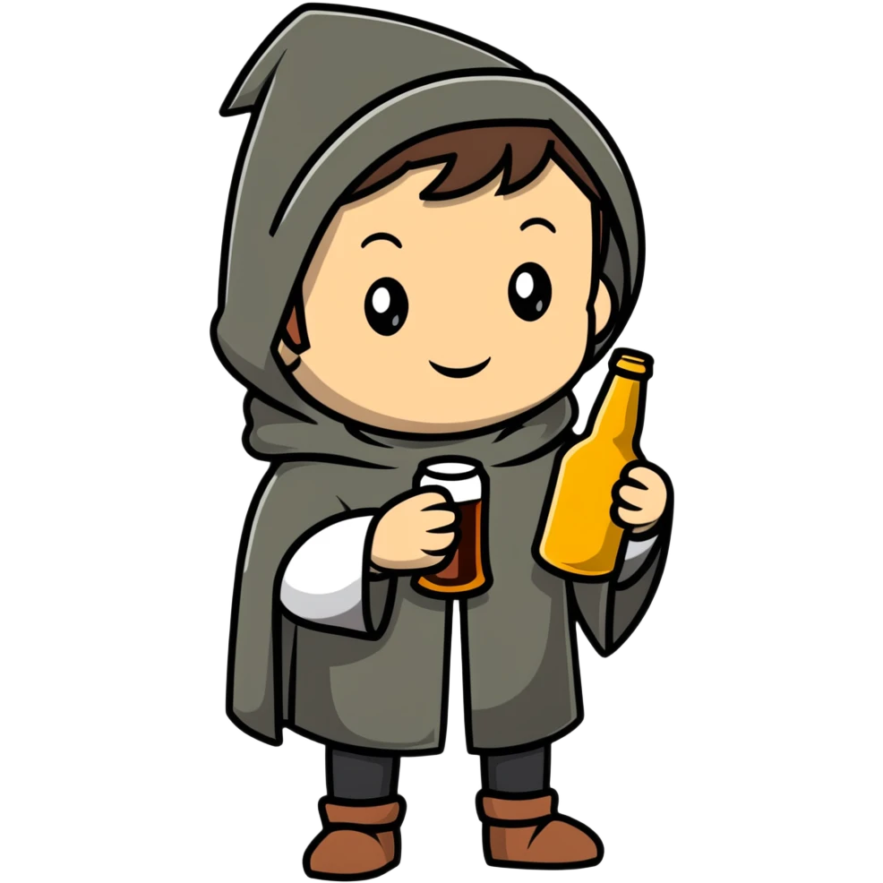 young medieval pilgrim with cloak and beer bottle emoji