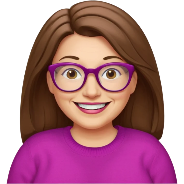50 yr Caucasian woman, long brown hair parted on side, brown eyes, glasses, big smile, white teeth, fuscia sweater, chubby emoji