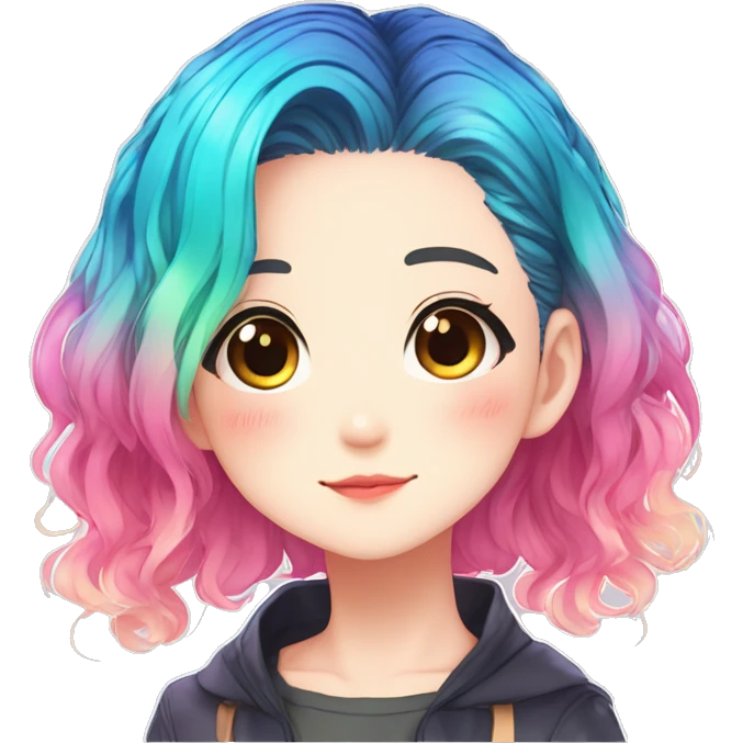 Gorgeous anime style shojo character with blushing face aesthetic and pretty colorful shiny gradient neon hair with hair garment trending style emoji