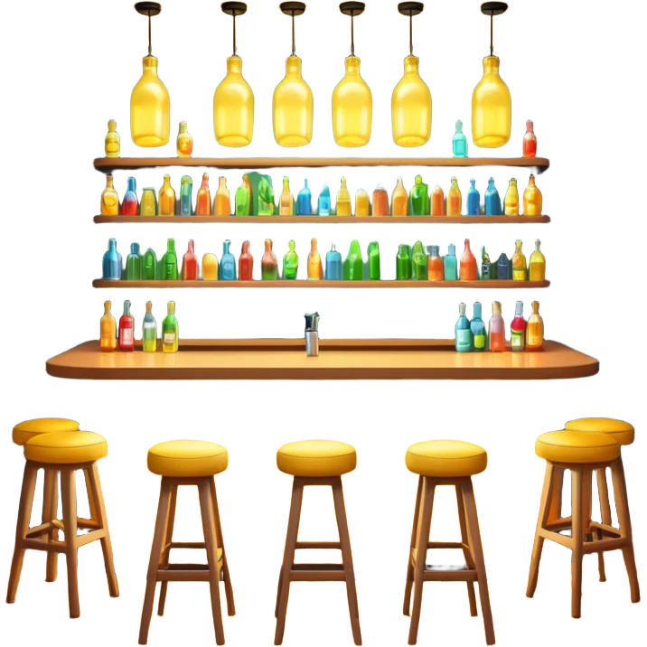A 3D cartoon bar counter with tall stools, hanging yellow lights, and shelves filled with colorful bottles in the background. Smooth textures, warm ambient lighting, realistic reflections, dark background, Memoji-style design. emoji